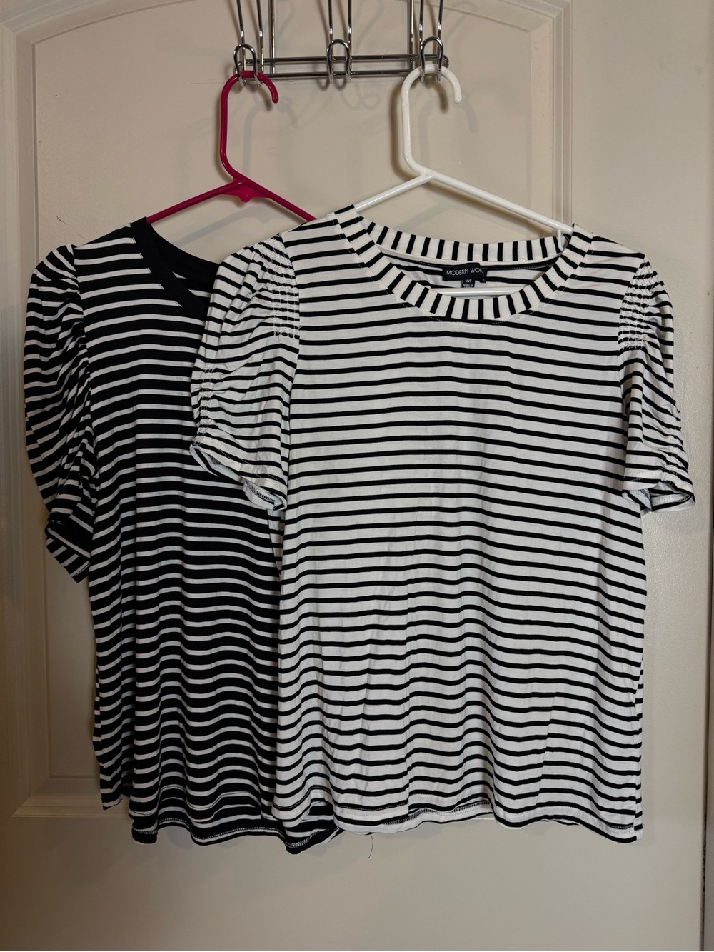2 Black & White Striped Puff Sleeve Tees